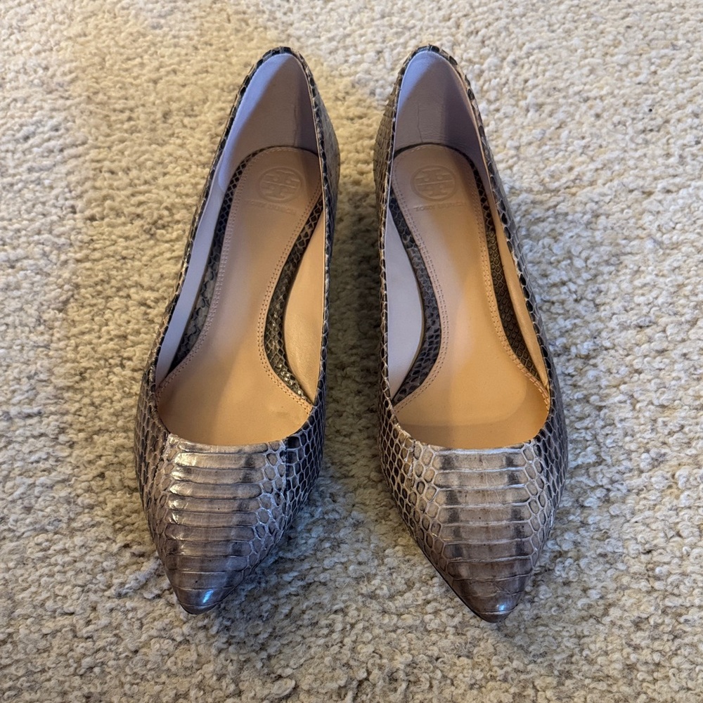 Tory Burch Silver Snakeskin Heels